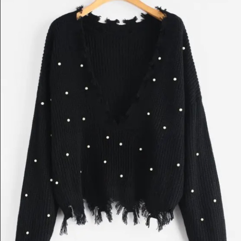 NWT Zaful Faux Pearl Black V Neck Frayed Sweater